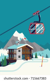 High quality vector ski resort mountain landscape with lodge and aerial tramway or cable car gondola. Winter sports vacation destination concept