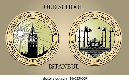 High quality Vector Stamps of major monuments of Turkey Vector Retro illustration Istanbul with ink style turkish symbols. Old School Postage Stamps