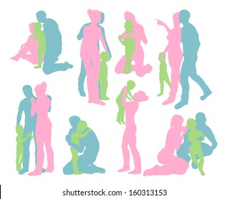 High quality and very detailed silhouettes of a young happy family, mother and father and child, in various poses 