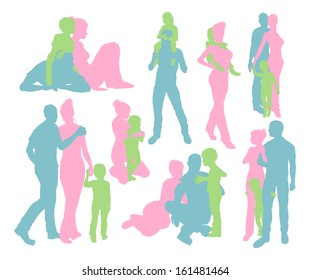 High quality and very detailed silhouettes of a young happy family, mother and father and child, in various poses 