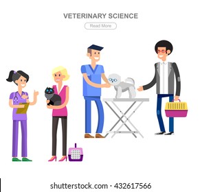 high quality veterinary icon, character design veterinarian with dog and cat, inspects animal, object, check up visiting walker training.