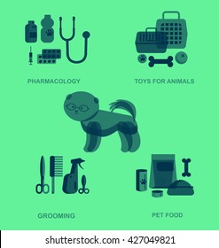 high quality veterinary object and icons set, pet shop. Pets accessories and vet store, grooming tools, pharmacy