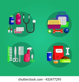 high quality veterinary object and icons set, pet shop. Pets accessories and vet store, grooming tools, veterinary pharmacy