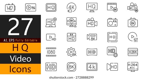 Video Conjunto de iconos de alta calidad para HD, 4K, transmisión, controles de reproducción, edición de medios e interfaces multimedia