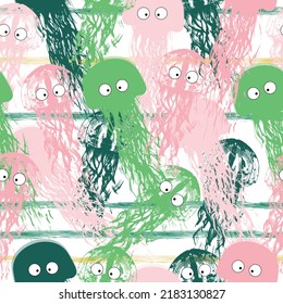 high quality watercolor seamless pattern with underwater life objects.  Marine ocean animals pattern. Fish, narwhal, jellyfish pattern.