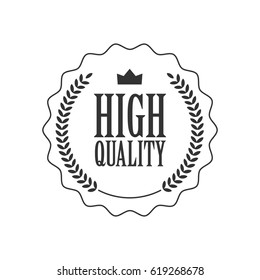 High quality word, crown and laurel rice symbol on circle jagged edge badge vector. Minimalist style, flat design, black and white color.