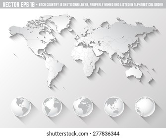 An high quality world map in tones of grey with a cool flat shaded Shadow.