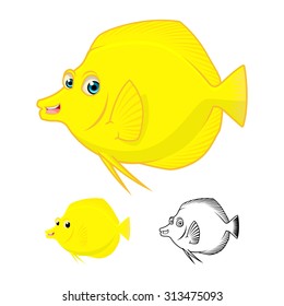 High Quality Yellow Tang Fish Cartoon Character Include Flat Design and Line Art Version