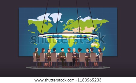 High rank military commanders and politicians authority people discussing strategy sitting at round table. Big war room world map. Conference hall, boardroom or meeting room. Flat vector illustration