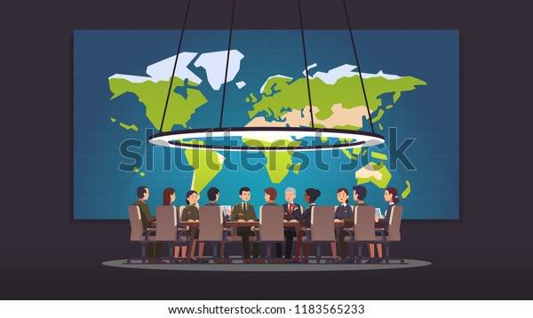 High rank military commanders and\
politicians authority people discussing strategy sitting at round\
table. Big war room world map. Conference hall, boardroom or\
meeting room. Flat vector\
illustration
