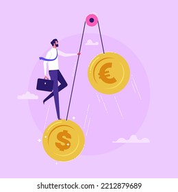 High rate of Dollar compared with Euro. Euro and Dollar coins swinging on teeter. US Dollar vs. Euro, invest in currency price or country economic speculation concept