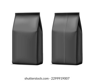 High realistic black vertical stand bag mockup. Vector illustration isolated on white background. Easy to use for presentation your product, idea, promo, design. EPS10.	