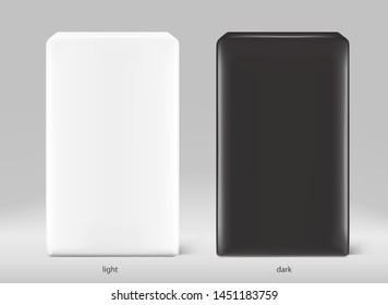 High realistic clean black and white vertical bags mockups. Front view. Vector illustration on grey background. Easy to use for presentation your product, idea, promo, design. EPS10.