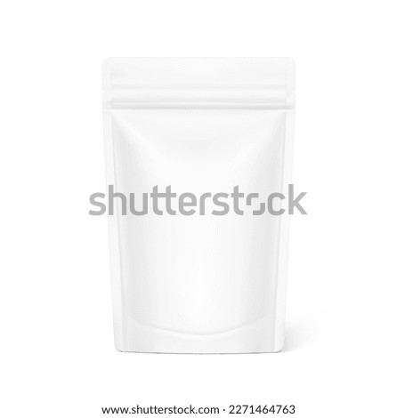 High realistic clean stand up pouch bag mockup. Vector illustration isolated on white background. Front view. Can be use for template your design, presentation, promo, ad. EPS10.	