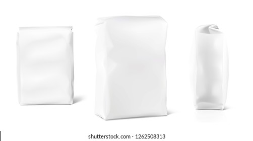 High realistic clean vertical bag mockup. Front, side and perspective view. Vector illustration isolated on white background. Easy to use for presentation your product, idea, promo, design. EPS10