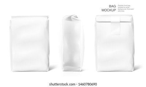 High realistic clean vertical bag mockup with. Front, side, perspective view. Vector illustration isolated on white background. Easy to use for presentation your product, idea, promo, design. EPS10