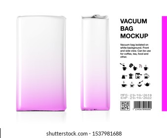 High realistic clean vertical bag mockup with product information. Front, side view. Vector illustration. Easy to use for presentation your product, idea, promo, design. EPS10.	