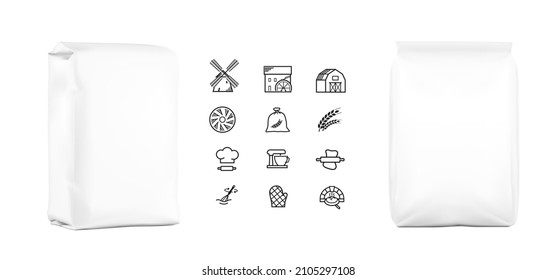 High realistic clean vertical bag mockup with icons. Perspective and front view. Vector illustration isolated on white background. Easy to use for presentation your product, idea, promo, design.	