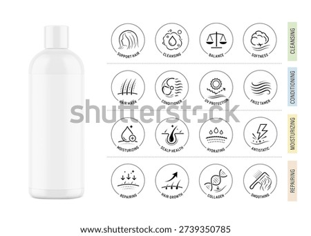 High realistic disc flat top cap bottle mockup with set icons for hair health. Vector illustration isolated on white and colour background. Perfect for promoting your design. EPS10.