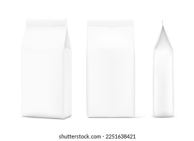 High realistic food bag mockup. Vector illustration isolated on white background. Front, side and half side view. Can be use for template your design, presentation, promo, ad. EPS 10.	