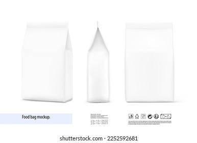 High realistic food bag mockup. Vector illustration isolated on white background. Front, side and half side view. Can be use for template your design, presentation, promo, ad. EPS 10.	