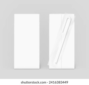 High realistic packaging box with straw mockup. Vector illustration isolated on grey background, ready and simple to use for your design. EPS10.