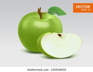 High realistic real-life green apples vector illustration, icon. 3d mockup of whole and piece of apple with green leaf and water drops 