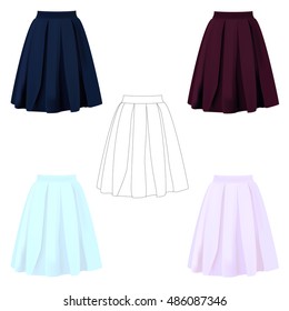 High realistic vector skirt illustration in blue, pink, marsal colors and black and white silhouette