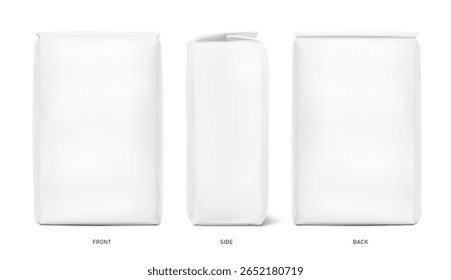 High realistic vertical bag mockup. Front, side and back side views. Vector illustration. Ready for use in presentation, promo, advertising and more. EPS10.