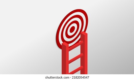 High red staircase ladder to the top and aim goal target. Isometric vector illustration. The concept unique achievement of success and competition.