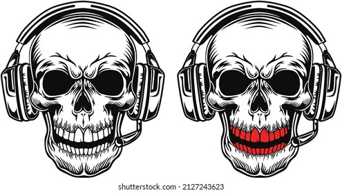High res vector human skull with headphones. Skull for t shirt design, logo design.  