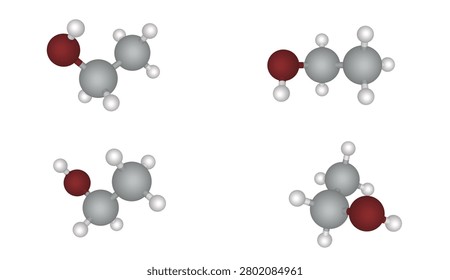 High resolution 3D render of ethanol C2H5OH chemical molecule structures displayed from multiple angles on a solid black background. The molecular model features grey carbon atoms, white hydrogen atoms, and a prominent red oxygen atom illustrating the hydroxyl group. This scientific visualization represents ethyl alcohol, the intoxicating agent found in alcoholic beverages, a widely used industrial solvent, and a renewable biofuel alternative utilized to lower greenhouse gas emissions. The detailed ball and stick representation provides clarity for biochemistry research, pharmaceutical education, and chemical engineering documentation. Professional lighting highlights the atomic bond geometry, providing depth and anatomical accuracy for laboratory presentations, sanitation product marketing, or chemistry textbook illustrations. This clean digital asset is suitable for scientific papers, medical health reports, energy research journals, and educational platforms focusing on sustainable fuel sources or ethanol chemical synthesis.
