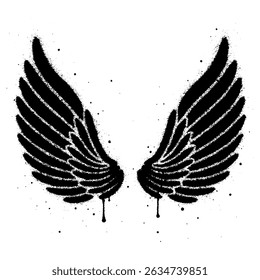 high resolution black and white graffiti style illustration of angel wings created with spray paint.