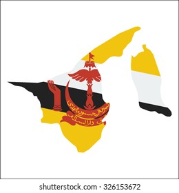 High resolution Brunei map with country flag. Flag of the Brunei  overlaid on detailed outline map isolated on white background
