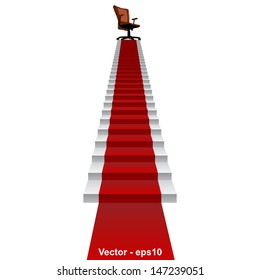 High resolution concept conceptual 3d red carpet stair climbing to leader,chief or promotion chair on top isolated white background,for career,business,success,achievement,winner,goal,step or victory