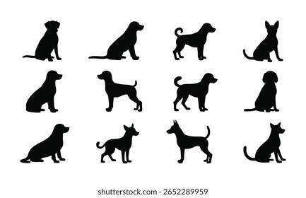 High Resolution Dog Silhouette Vector Bundle on White, Dog Pose Vector Illustrations in Silhouette Style for Creatives