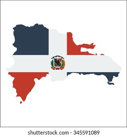 High resolution Dominican Republic map with country flag. Flag of the Dominican Republic overlaid on detailed outline map isolated on white background.