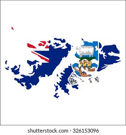 High resolution Falkland Islands map with country flag. Flag of the Falkland Islands overlaid on detailed outline map isolated on white background.