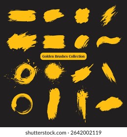 A high resolution golden brush stroke collection set on a dark background. This versatile set includes a variety of abstract paint splashes, strokes, smudges, and circular brush elements