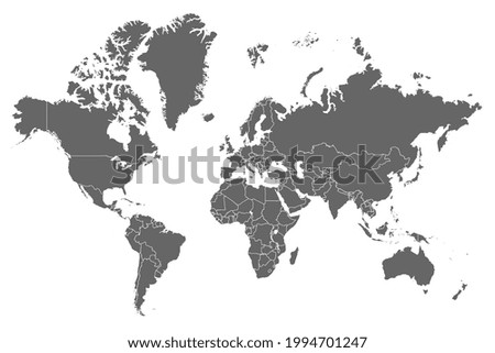 High resolution grey map of the world split into individual countries. High detail world map