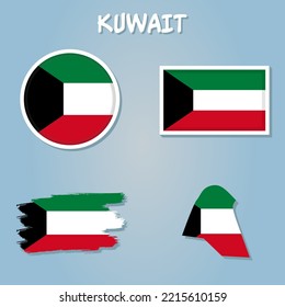 High resolution Kuwait map with country flag, flag of the Kuwait  overlaid on detailed outline map isolated.