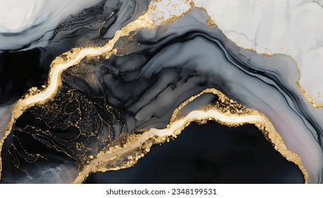 High resolution. Luxury abstract fluid art painting in alcohol ink technique, mixture of black, gray and gold paints. Imitation of marble stone cut, glowing golden veins. Vector Illustration