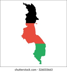 High resolution Malawi map with country flag. Flag of the Malawi  overlaid on detailed outline map isolated on white background