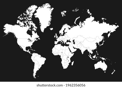 High resolution map of the world split into individual countries. High detail world map on black background