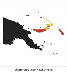 High resolution Papua New Guinea map with country flag. Flag of Papua New Guinea overlaid on detailed outline map isolated on white background.