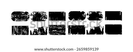 A high resolution set of grunge ink frames in bold black texture. Includes distressed rectangles and rounded shapes, ideal for poster design, badges, labels, and urban themed projects. 