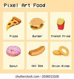 High resolution various fast food icons and designs to use in games and everything, pixel art food drawing, pixel