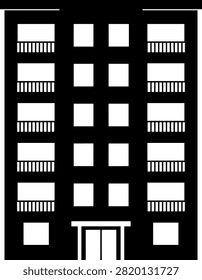 High resolution vector illustration of apartment building silhouette featuring multiple balconies and entrance on transparent background design.