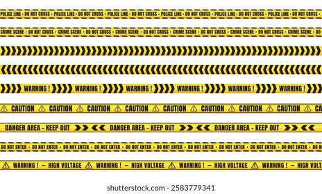 High resolution yellow and black warning tapes ribbon. "Police Line - Do Not Cross," "Crime Scene - Do Not Cross," "Warning," "Caution," "Danger Area - Keep Out," "Do Not Enter," and "High Voltage".