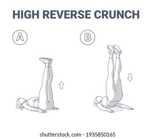 High Reverse Crunch Female Home Workout Exercise Guide Illustration. Young Athletic Woman Silhouettes in Sportswear Top, Leggings, and Sneakers Working on Her Abs.